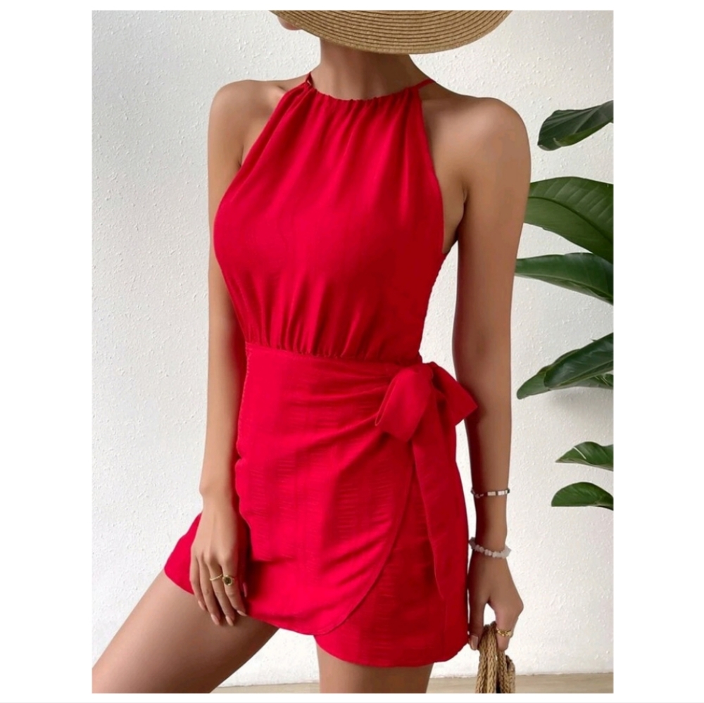 Red Halter Neck Skort Romper with Side Knot Wrap